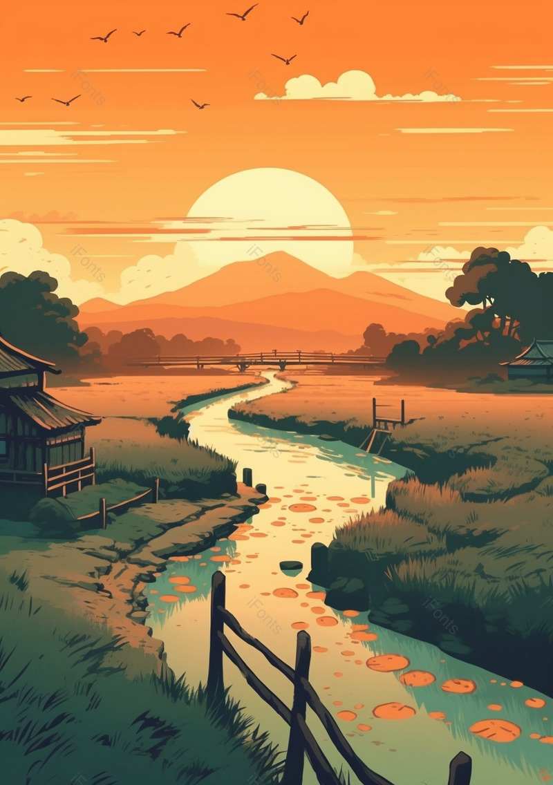 秋分太阳落山时美丽风景,插画/手绘图,插画/手绘图库,插画/手绘图下载,插画/手绘